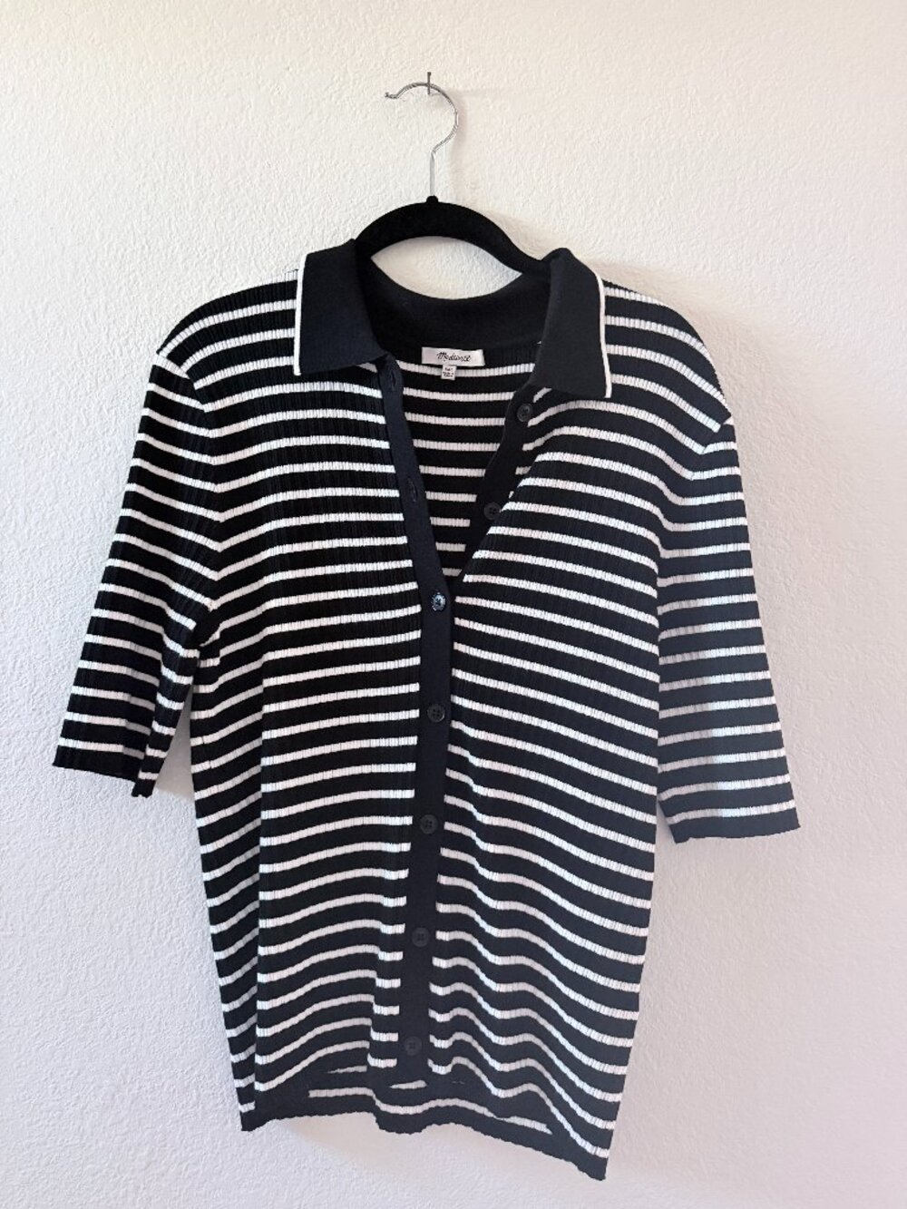 Madewell Black and White Striped Button-Down Polo Shirt